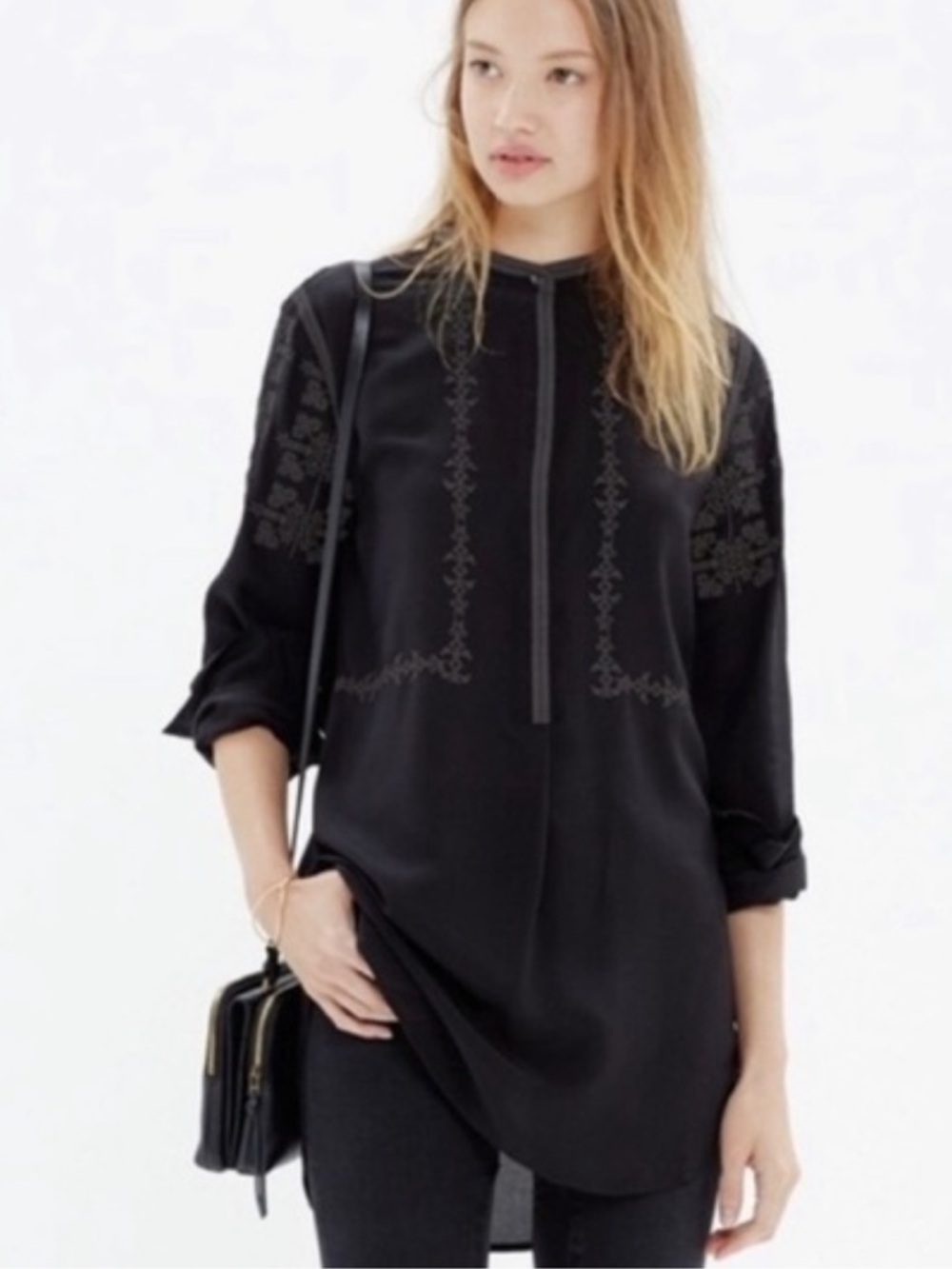Madewell Black Embroidered Silk Tunic Blouse